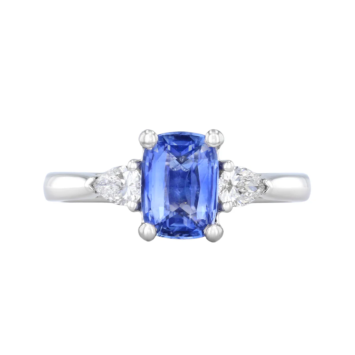 Heirloom Collection 1.46ct Sapphire and 0.30ct Pear Cut Diamond Three Stone Ring | Platinum - Image 2