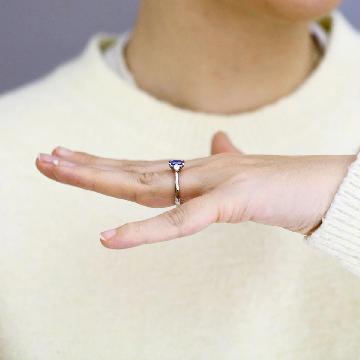 Heirloom Collection 1.46ct Sapphire and 0.30ct Pear Cut Diamond Three Stone Ring | Platinum - Image 7