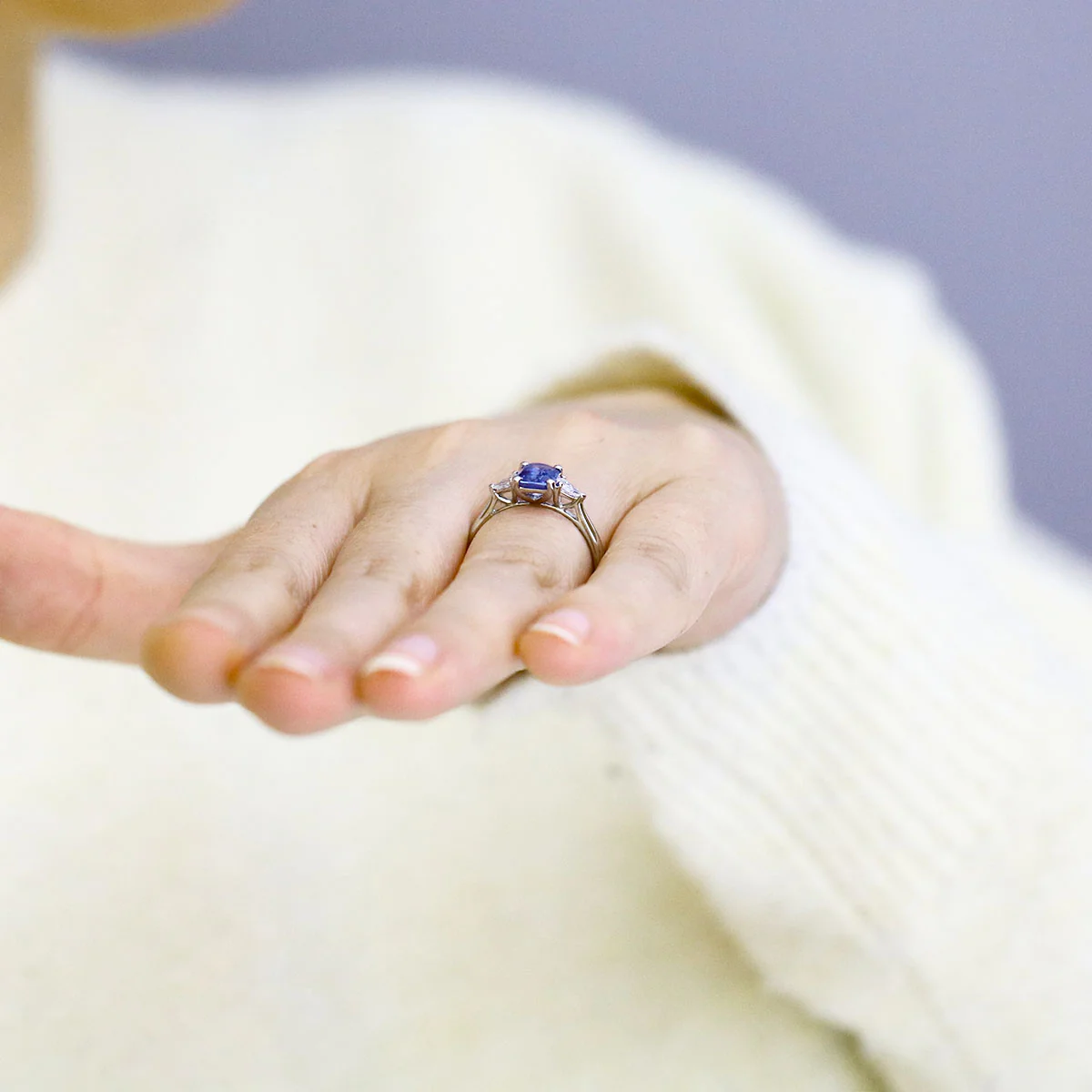 Heirloom Collection 1.46ct Sapphire and 0.30ct Pear Cut Diamond Three Stone Ring | Platinum - Image 8