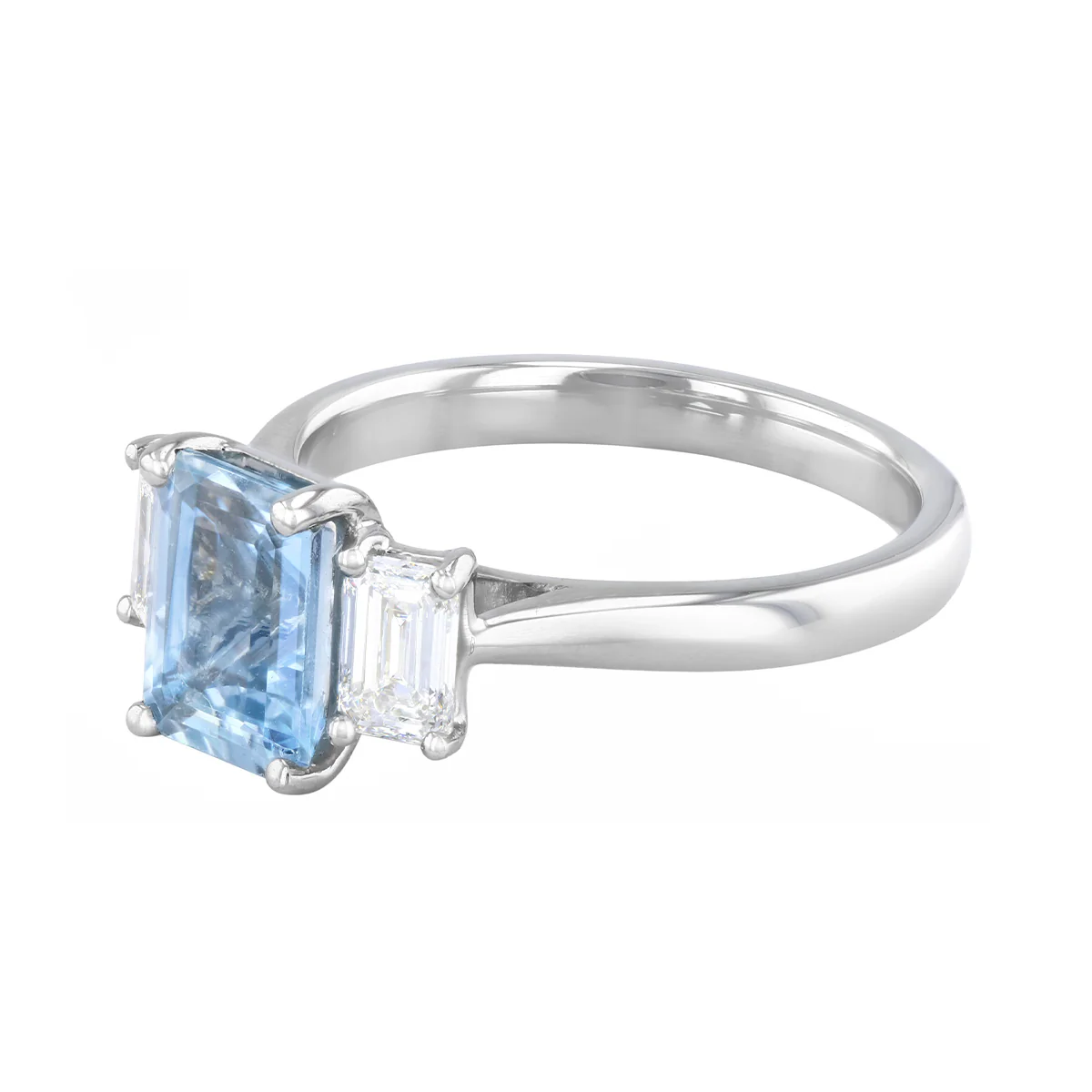 Heirloom Collection 1.53ct Aquamarine & 0.67ct  Emerald Cut Diamond Three Stone Ring | Platinum - Image 3
