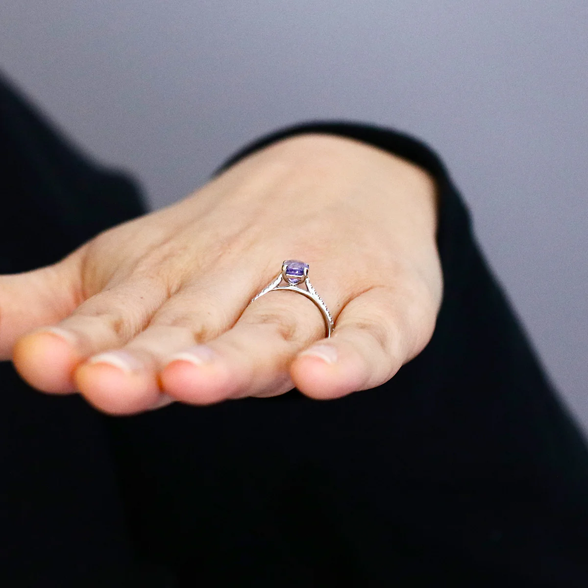 Heirloom Collection 1.60ct Cushion Cut Lilac Sapphire and 0.13ct Diamond Set Shoulder Solitaire Ring | Platinum - Image 8