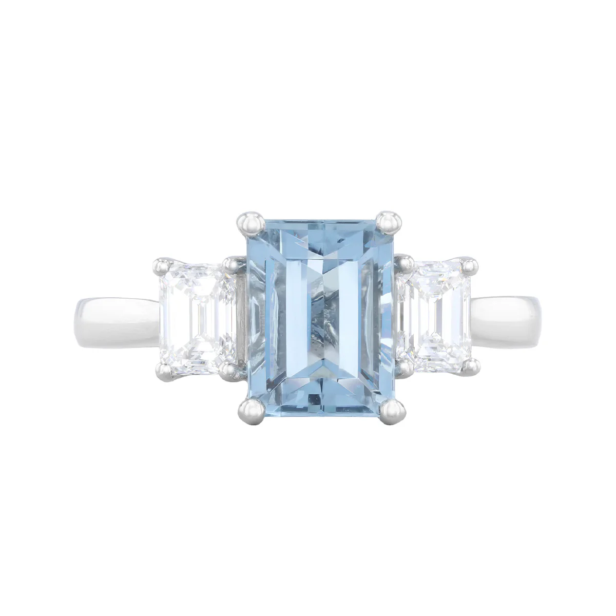 Heirloom Collection 1.70ct Aquamarine & 0.70ct Emerald Cut Diamond Three Stone Ring | Platinum - Image 2
