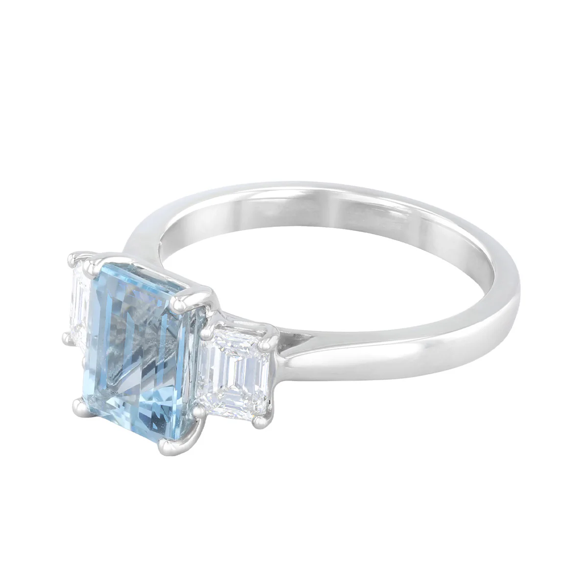 Heirloom Collection 1.70ct Aquamarine & 0.70ct Emerald Cut Diamond Three Stone Ring | Platinum - Image 3