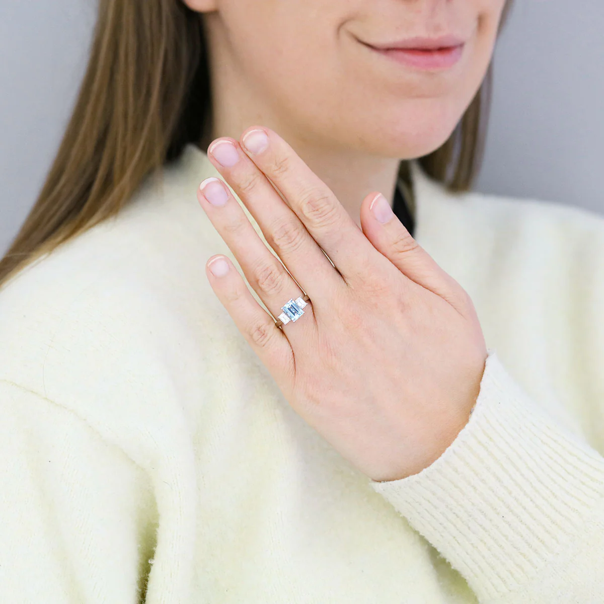 Heirloom Collection 1.70ct Aquamarine & 0.70ct Emerald Cut Diamond Three Stone Ring | Platinum - Image 6