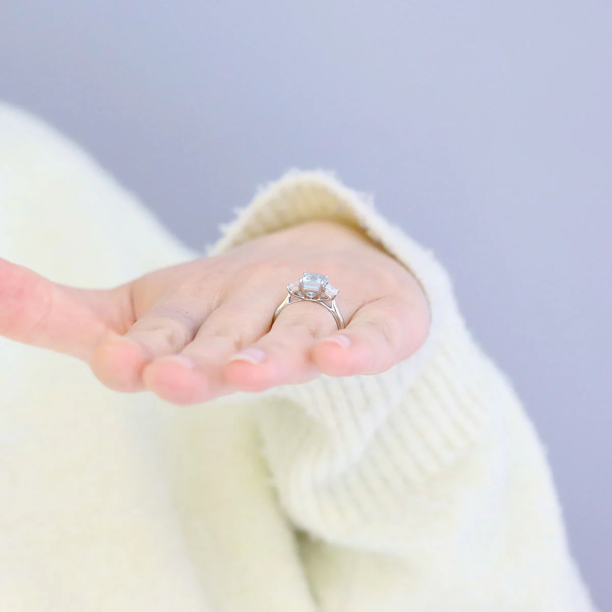 Heirloom Collection 1.70ct Aquamarine & 0.70ct Emerald Cut Diamond Three Stone Ring | Platinum - Image 8