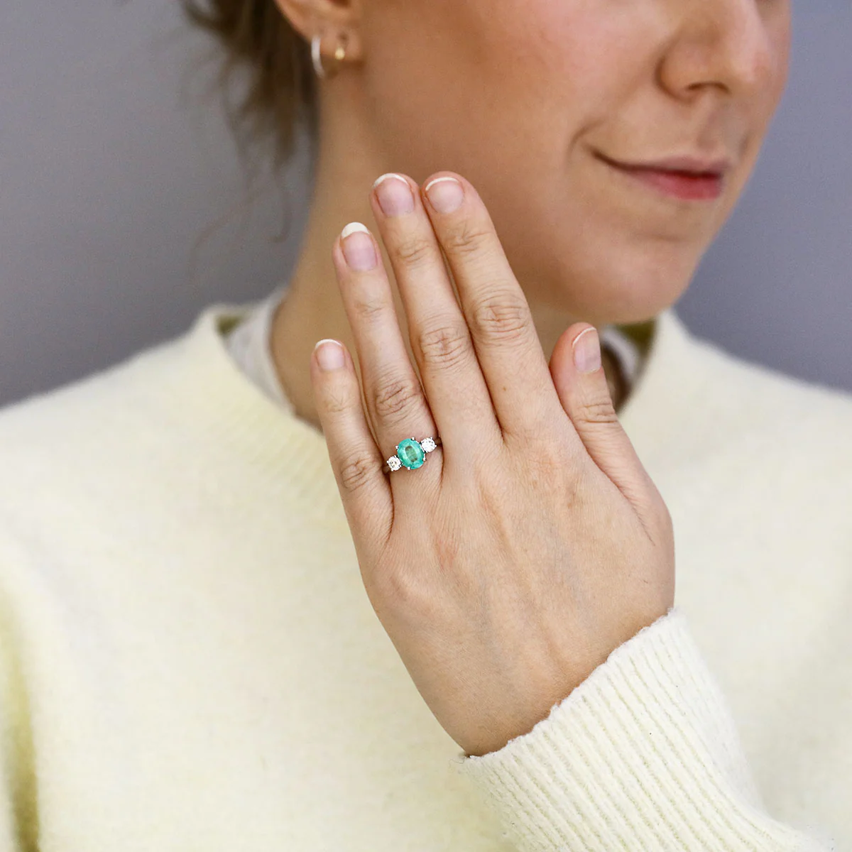 Heirloom Collection 1.85ct Brazilian Oval Emerald and 0.50ct Diamond Three Stone Ring | Platinum - Image 6