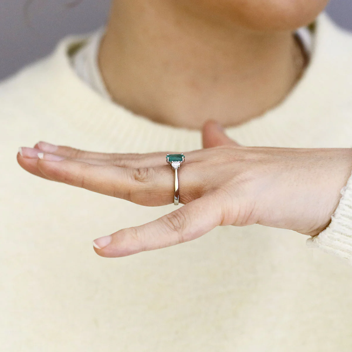 Heirloom Collection 1.85ct Brazilian Oval Emerald and 0.50ct Diamond Three Stone Ring | Platinum - Image 7