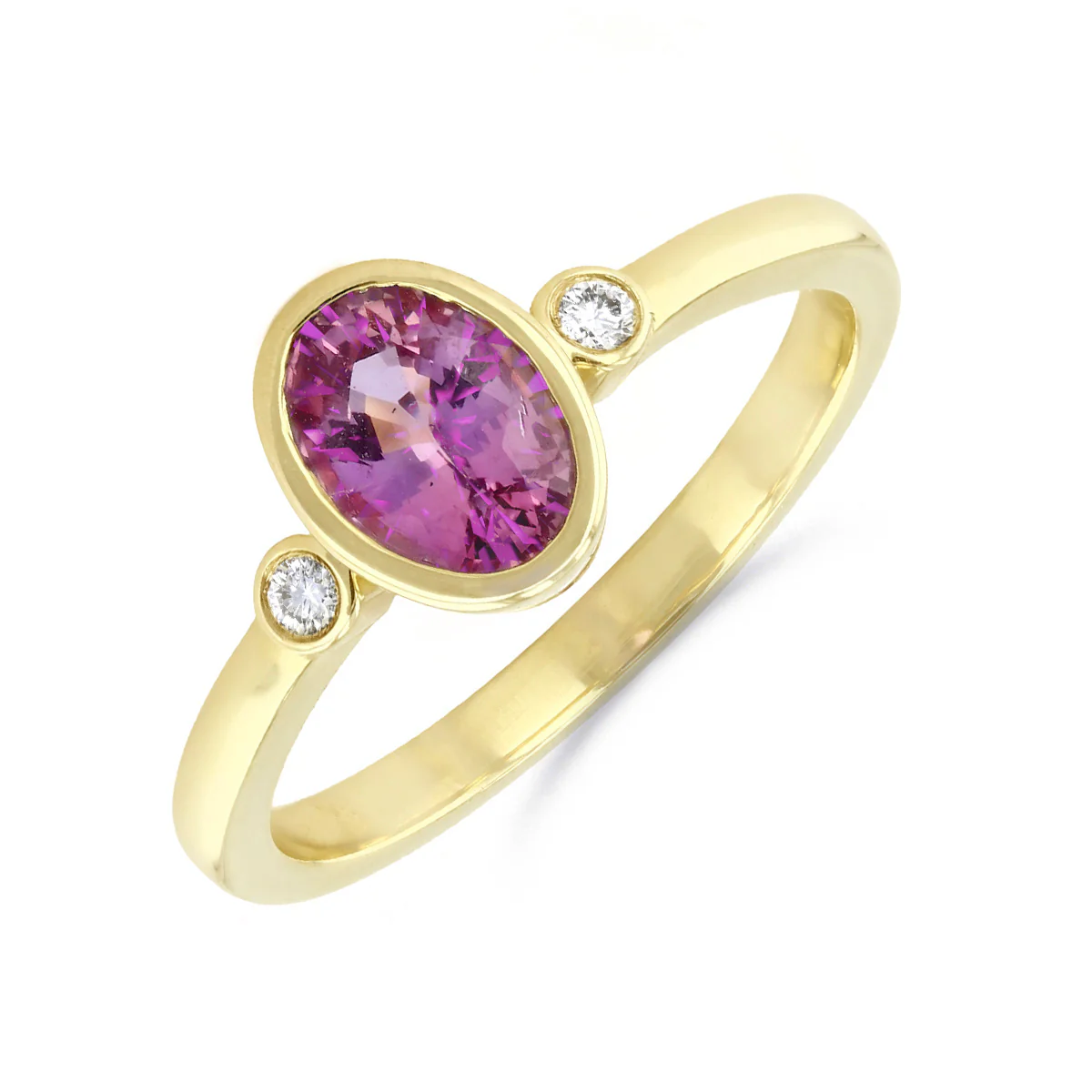 Heirloom Collection Oval Pink Sapphire and 0.05ct Diamond Bezel Set Three Stone Ring | 9K Yellow Gold