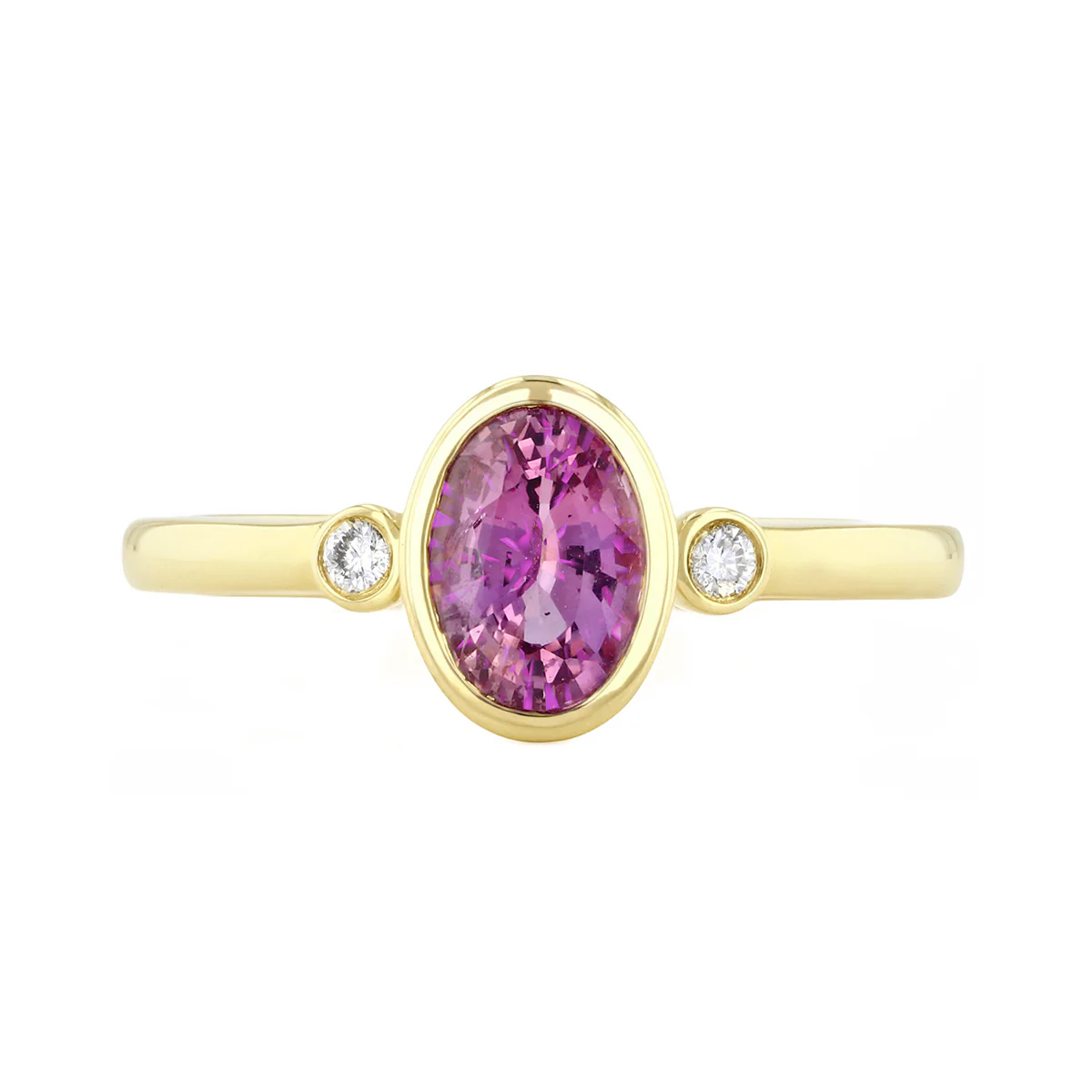 Heirloom Collection Oval Pink Sapphire and 0.05ct Diamond Bezel Set Three Stone Ring | 9K Yellow Gold - Image 2