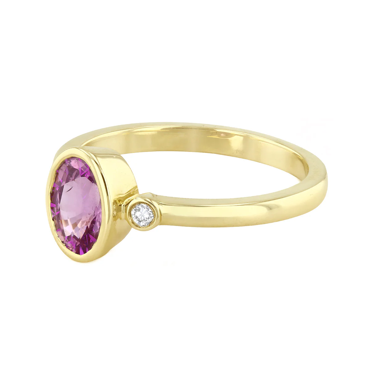 Heirloom Collection Oval Pink Sapphire and 0.05ct Diamond Bezel Set Three Stone Ring | 9K Yellow Gold - Image 3