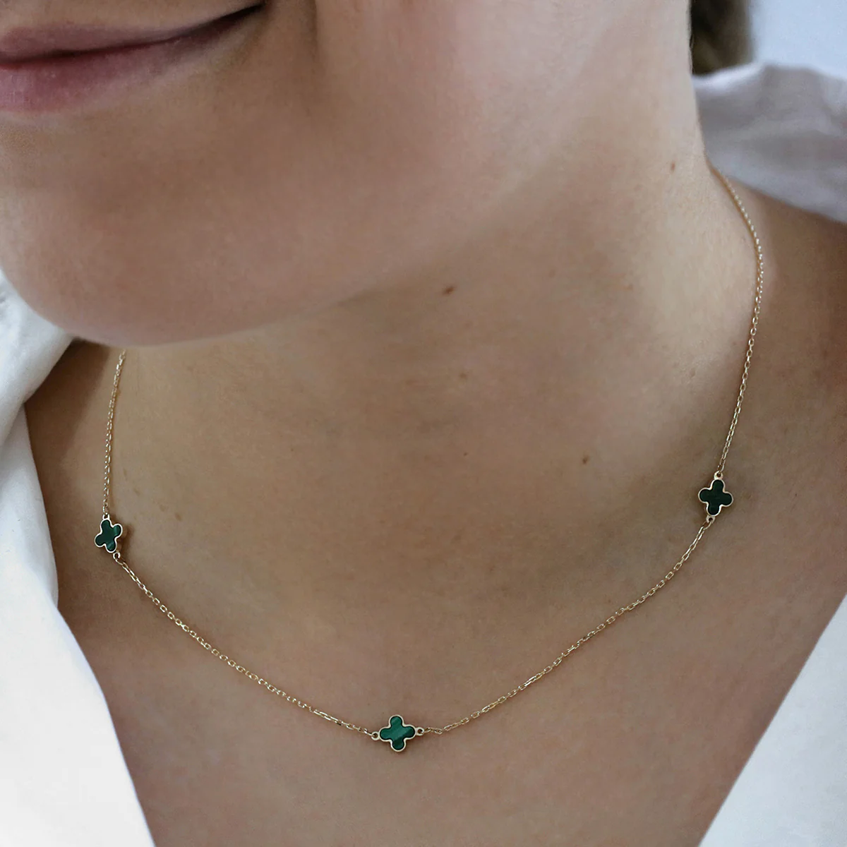 Soleil Collection 16"-17" Malachite Quatrefoil Petal Necklace | 9K Solid Yellow Gold - Image 4