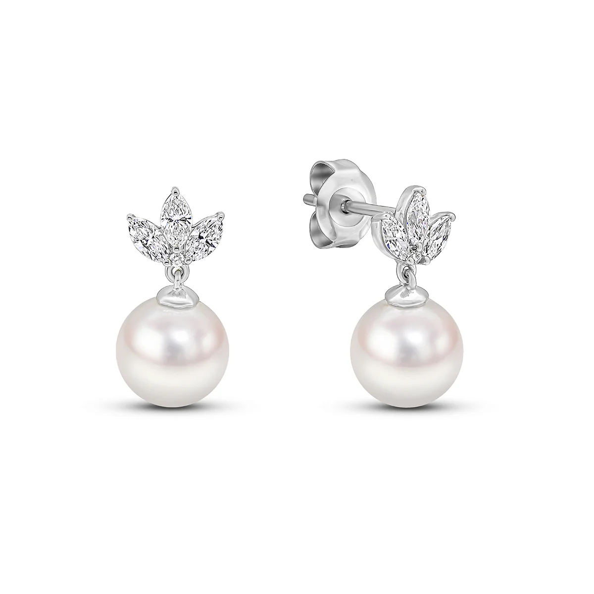 Matt Aminoff Navette Collection Akoya 8x8.5mm Pearl & Diamond Studs | 18K White Gold