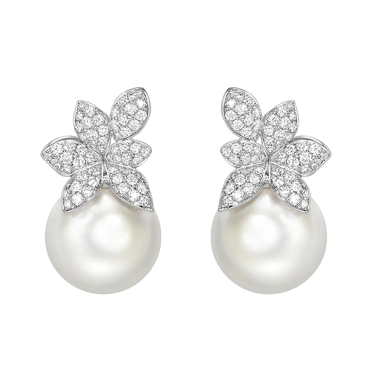 Matt Aminoff South Sea Pearl & Diamond Floral Stud Earrings | 18K White Gold
