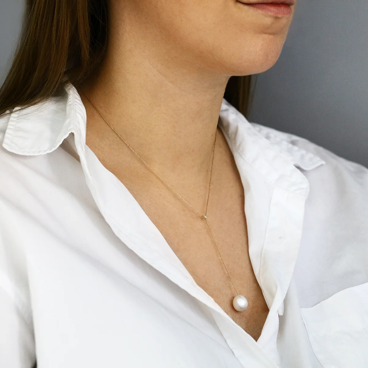 Mizuki Sea of Beauty Collection 12mm Pearl and Diamond "Y" Necklace - Image 2