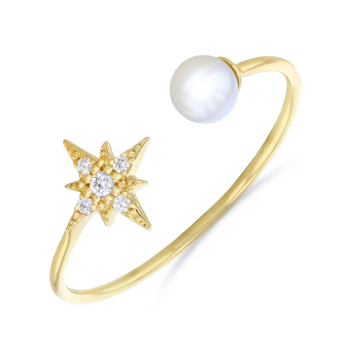 Mizuki Sea of Beauty Collection Diamond Star & Freshwater Pearl Open Ring | 14K Yellow Gold