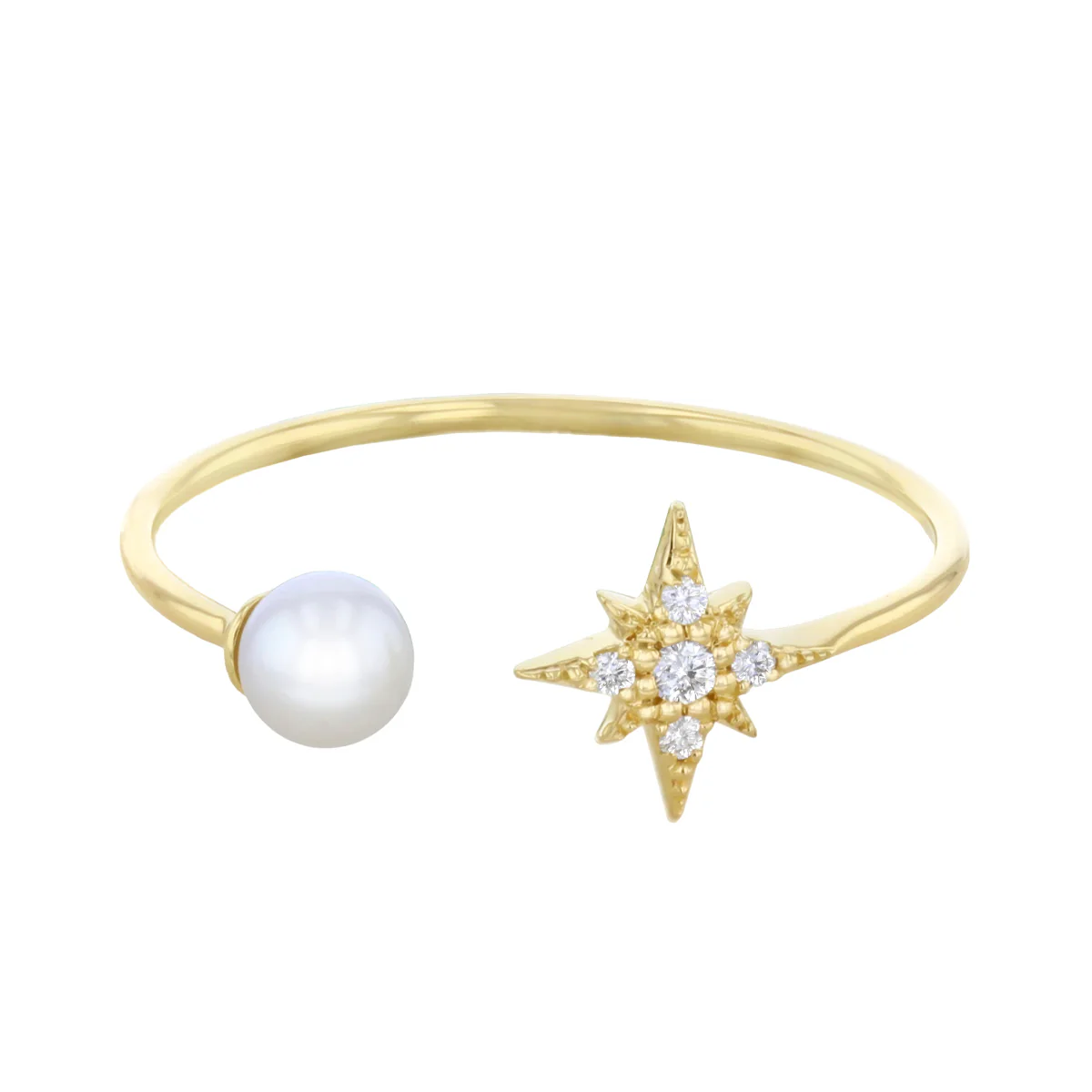 Mizuki Sea of Beauty Collection Diamond Star & Freshwater Pearl Open Ring | 14K Yellow Gold - Image 3