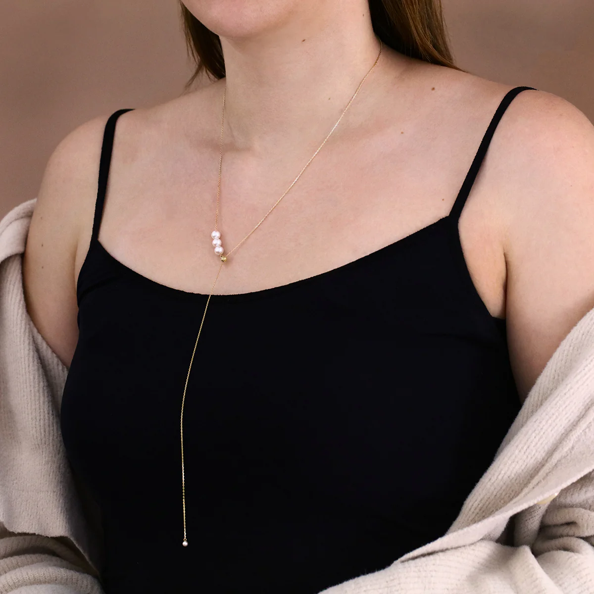 Mizuki Sea of Beauty Collection Three Akoya Pearl  Lariat | 14K Yellow Gold - Image 4