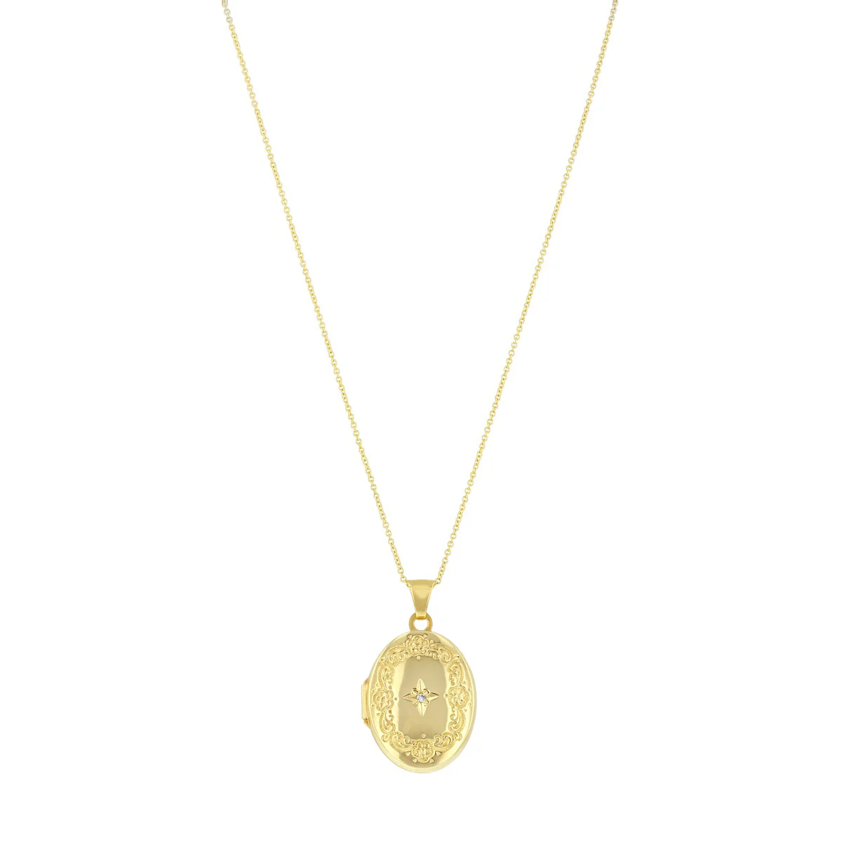 Oval Diamond North Star and Scrolling Foliate Locket (Chain Not Included) | Pre-Loved | 9K Yellow Gold