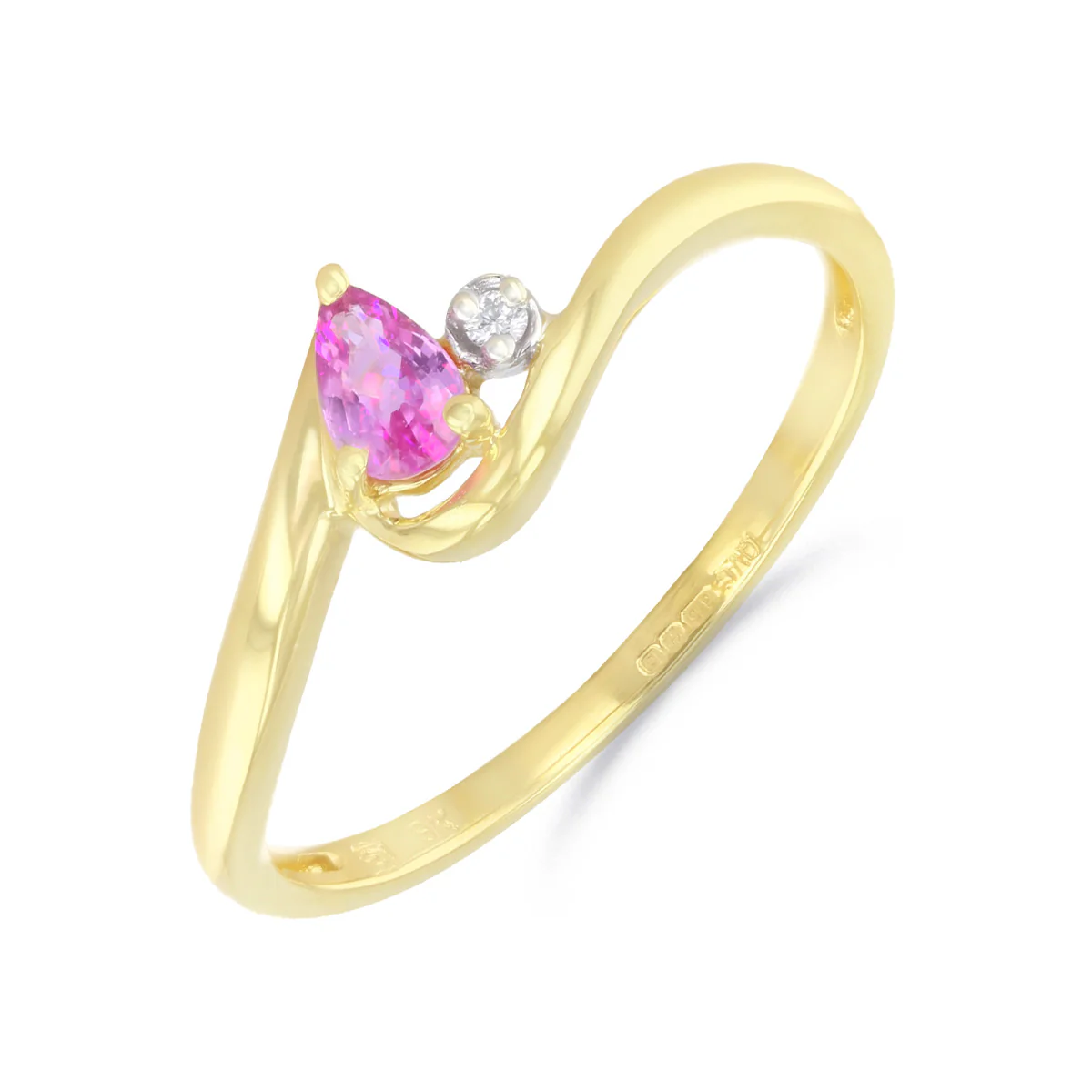 Pear Cut Sapphire and Round Cut Diamond Wave Design Dress Ring | Pre-Loved | 9K Yellow Gold