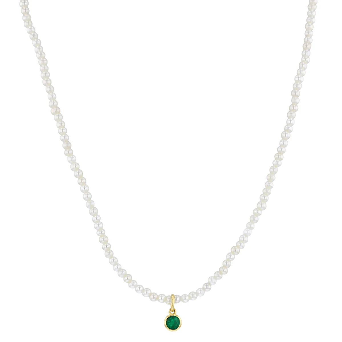 Pearlessence Collection 2-2.5mm Freshwater Pearl Necklace with an  Emerald Bezel Set Charm | 9K Yellow Gold