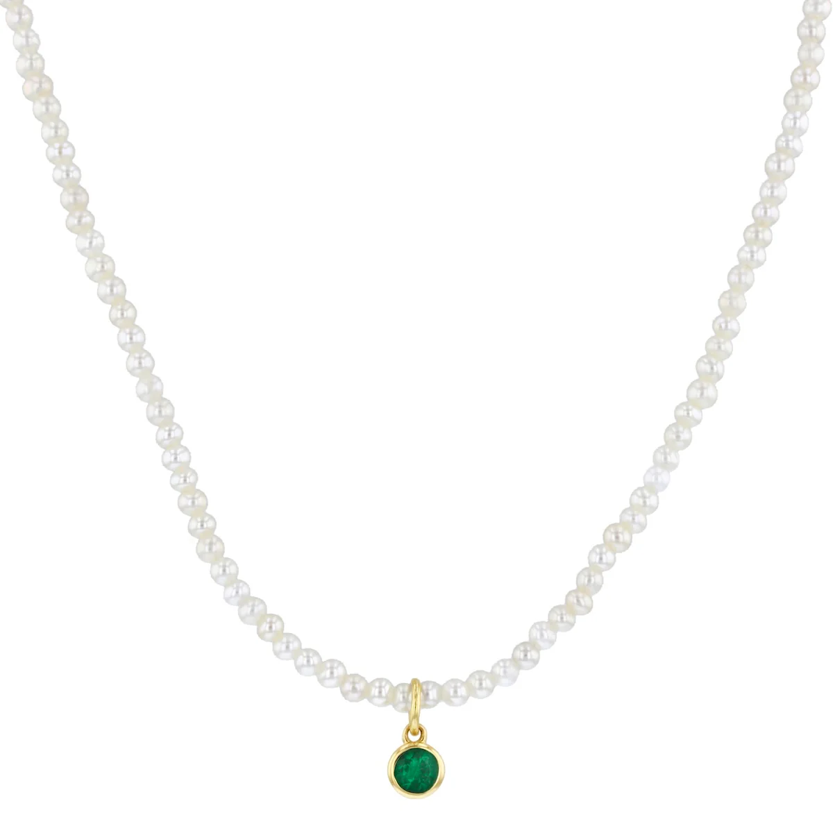 Pearlessence Collection 2-2.5mm Freshwater Pearl Necklace with an  Emerald Bezel Set Charm | 9K Yellow Gold - Image 2