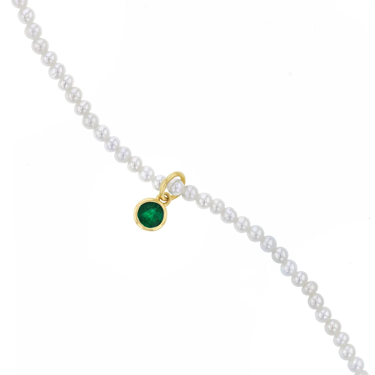 Pearlessence Collection 2-2.5mm Freshwater Pearl Necklace with an  Emerald Bezel Set Charm | 9K Yellow Gold - Image 3