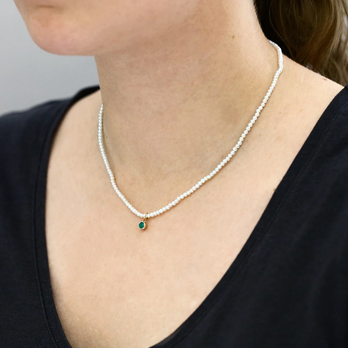 Pearlessence Collection 2-2.5mm Freshwater Pearl Necklace with an  Emerald Bezel Set Charm | 9K Yellow Gold - Image 4