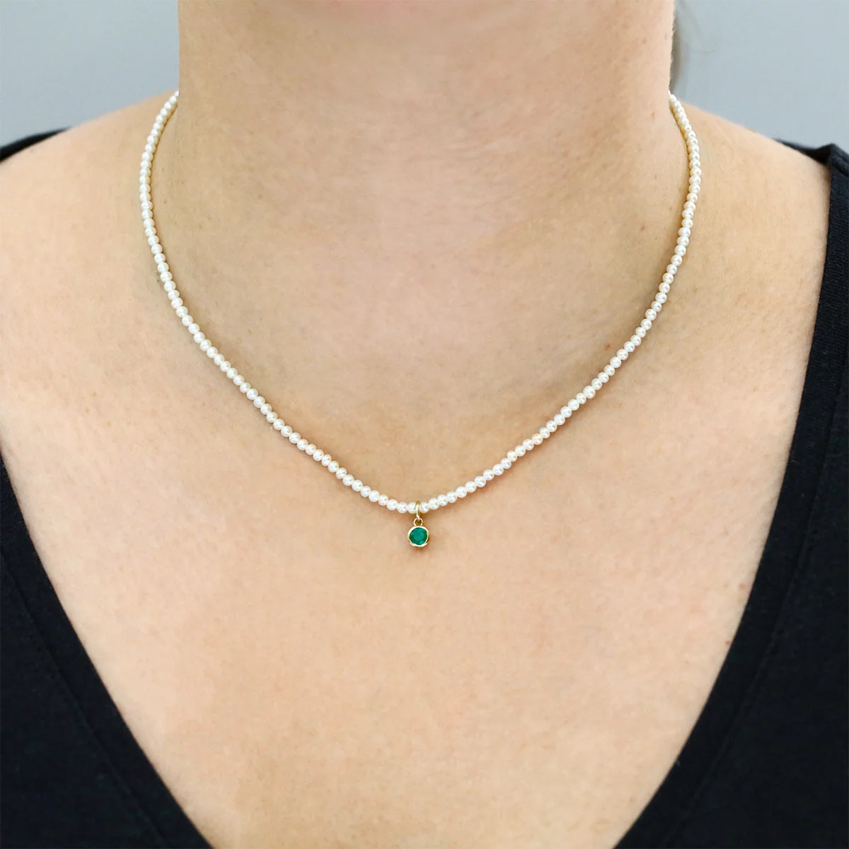 Pearlessence Collection 2-2.5mm Freshwater Pearl Necklace with an  Emerald Bezel Set Charm | 9K Yellow Gold - Image 5