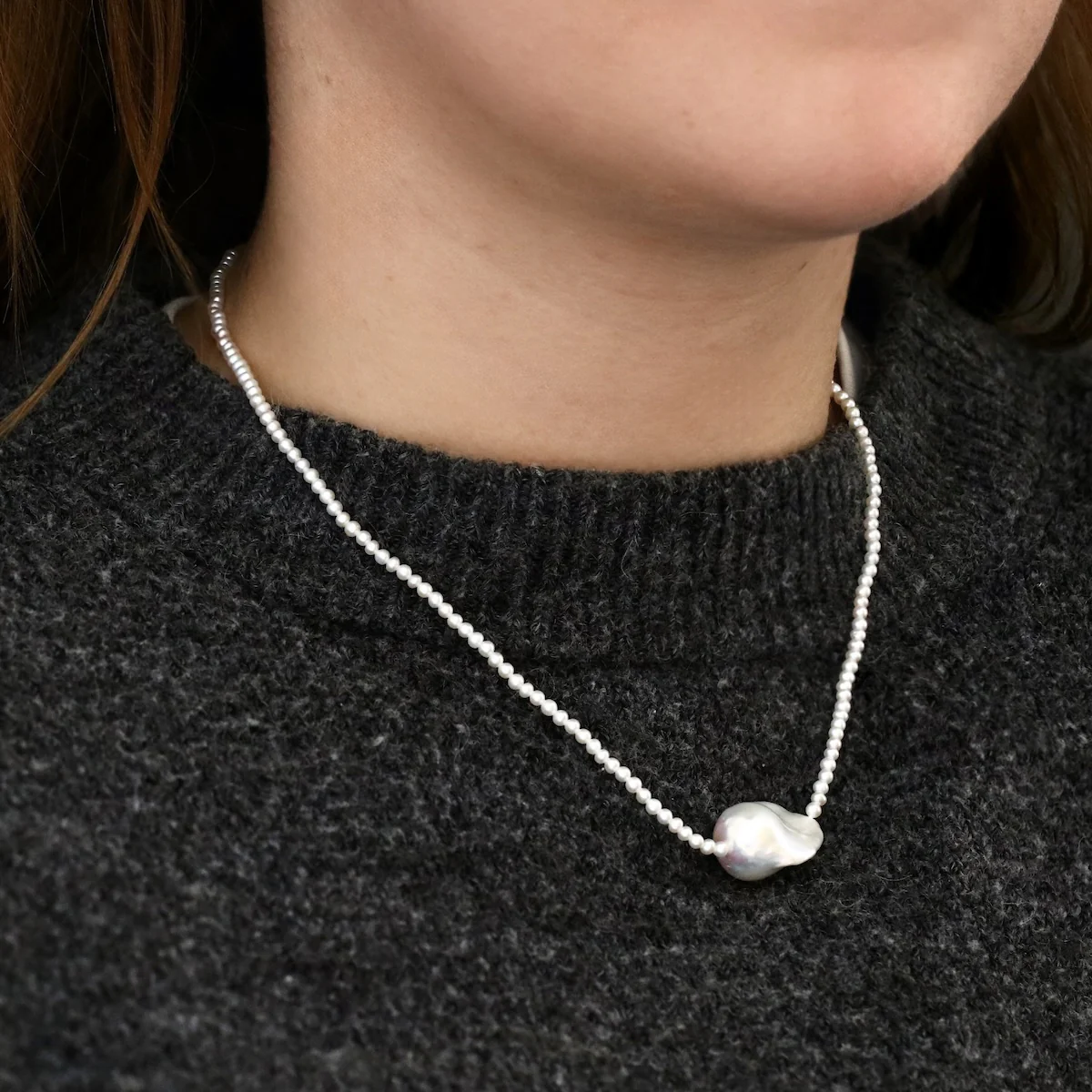 Pearlessence Collection 2-2.5mm White Round Cultured River Pearl Strand and Feature Baroque Pearl Necklace | 9K Yellow Gold - Image 5