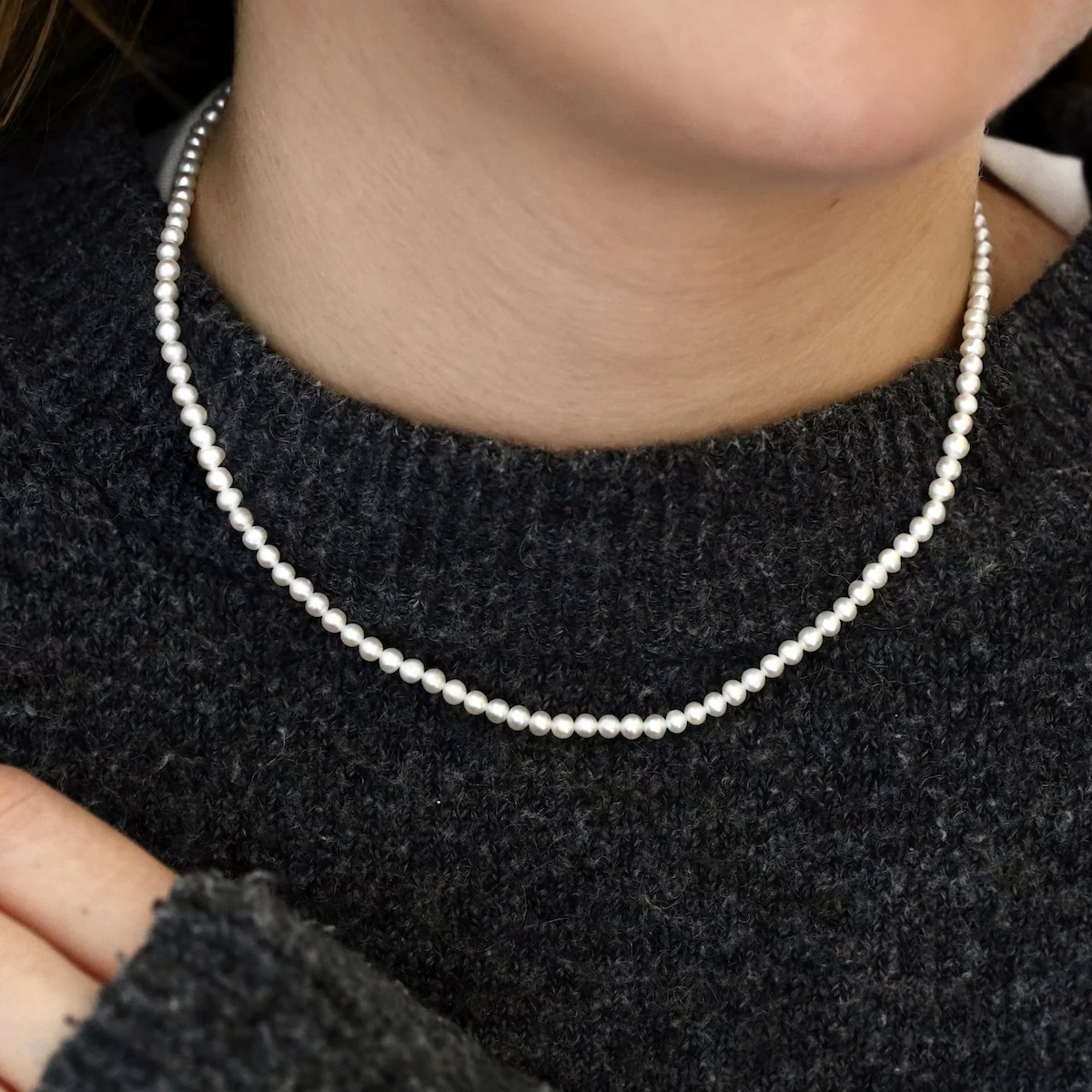 Pearlessence Collection 3-3.5mm White Round Cultured River Pearl Necklace | Silver Clasp - Image 4