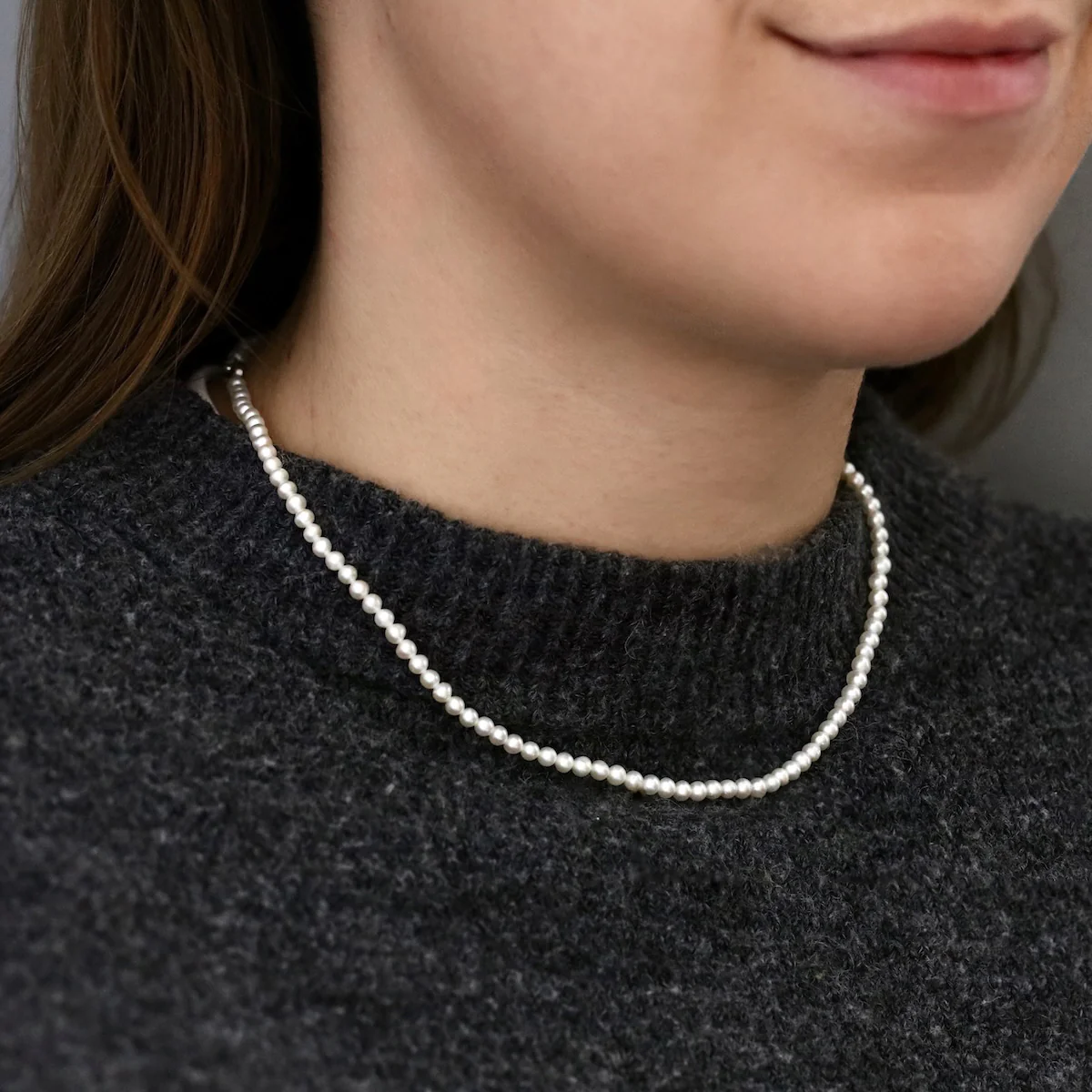 Pearlessence Collection 3-3.5mm White Round Cultured River Pearl Necklace | Silver Clasp - Image 5