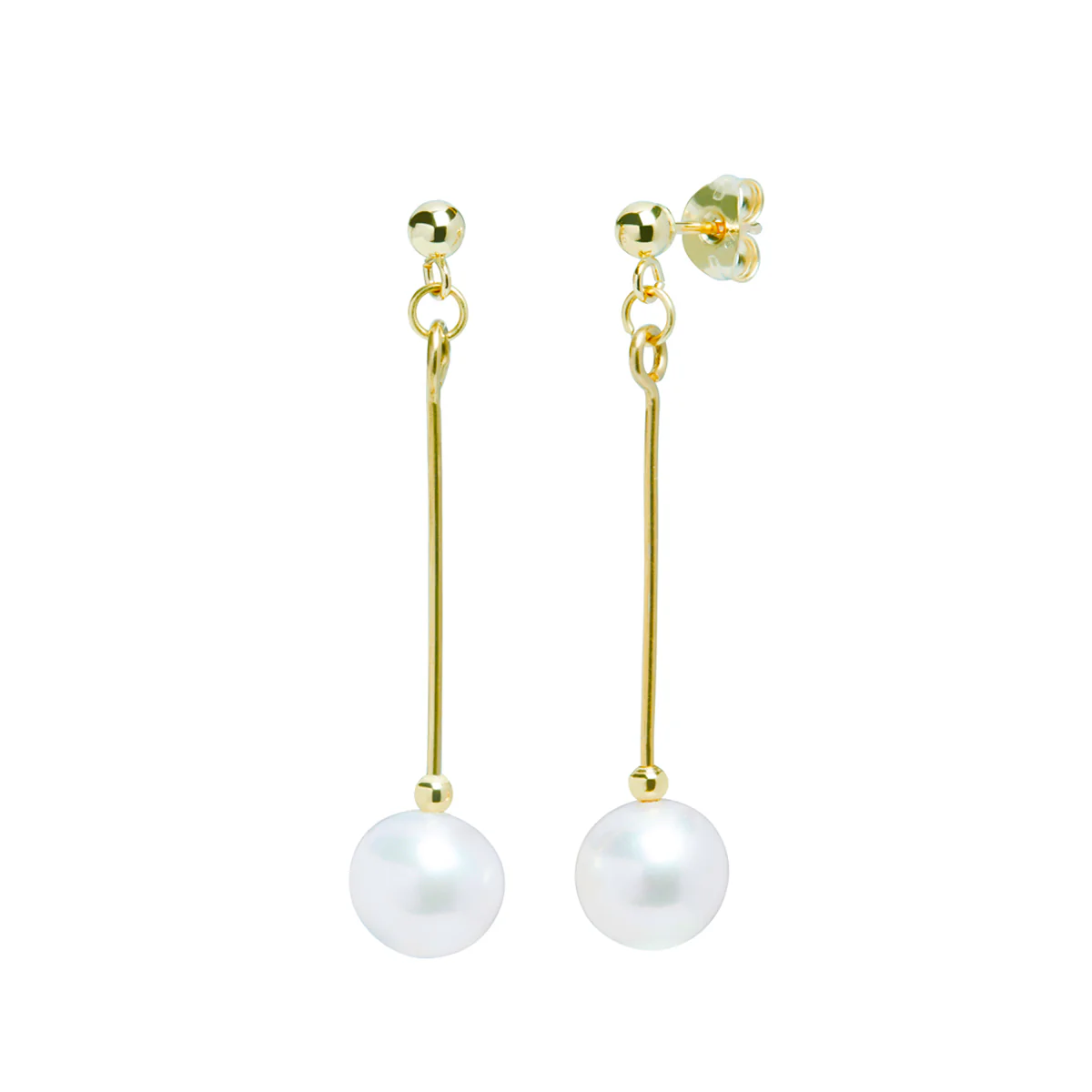 Pearlessence Collection 7.5-8mm White Round Cultured River Pearl Drop Earrings | 9K Yellow Gold