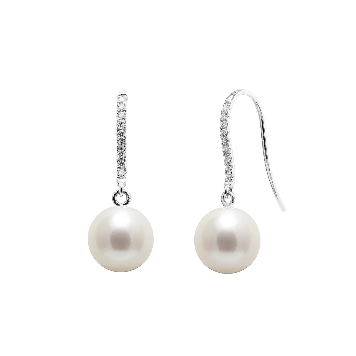 Pearlessence Collection White Cultured River Pearl Drop Earrings With  Diamond Shepherds Crook Fittings | 18K White Gold