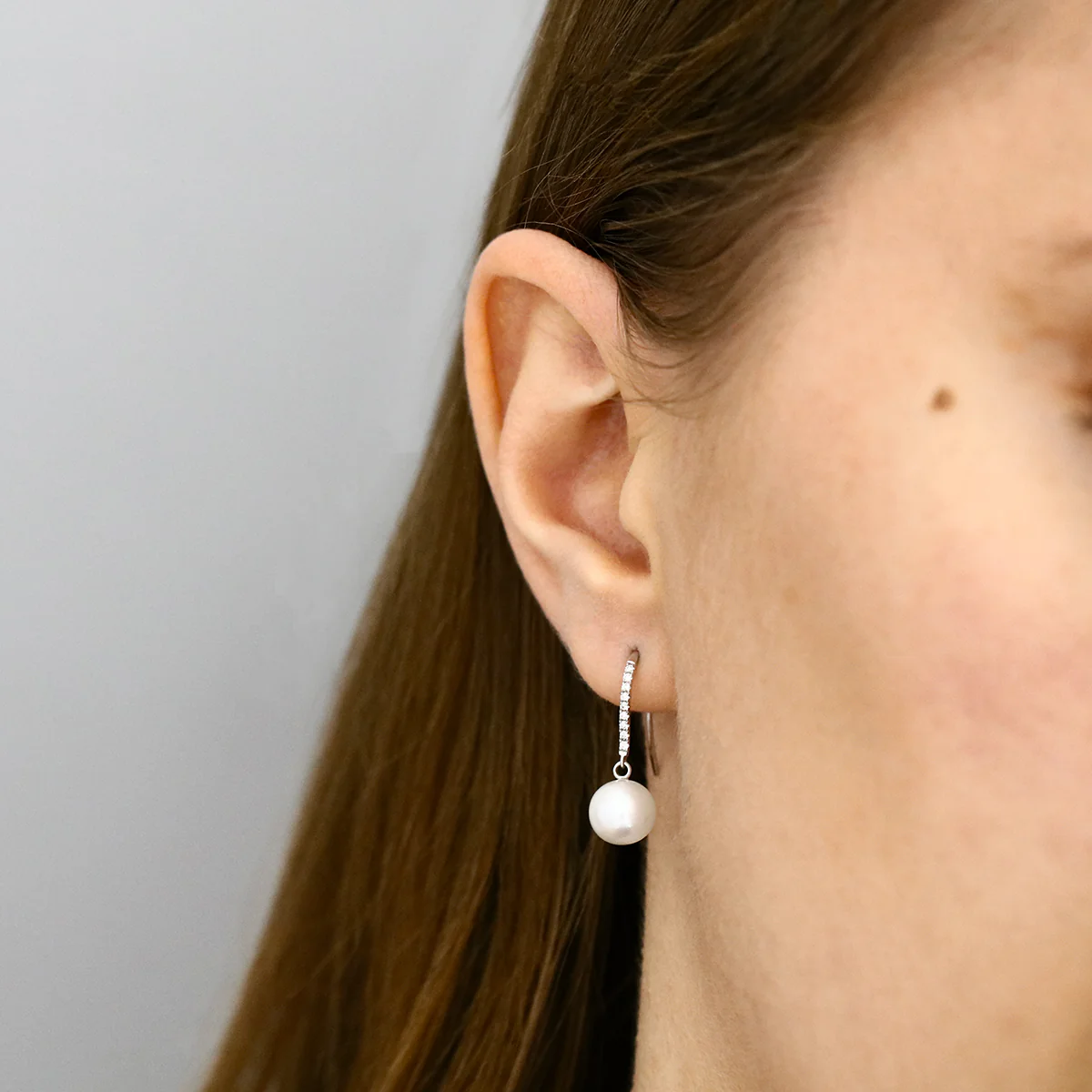 Pearlessence Collection White Cultured River Pearl Drop Earrings With  Diamond Shepherds Crook Fittings | 18K White Gold - Image 2