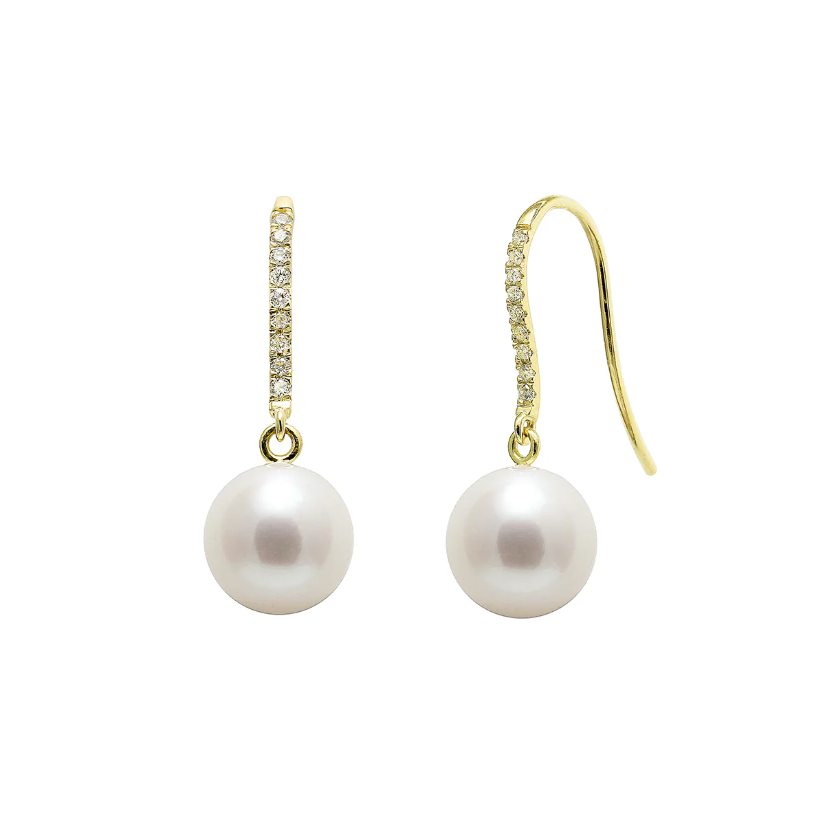 Pearlessence Collection White Cultured River Pearl Drop Earrings With  Diamond Shepherds Crook Fittings | 18K Yellow Gold