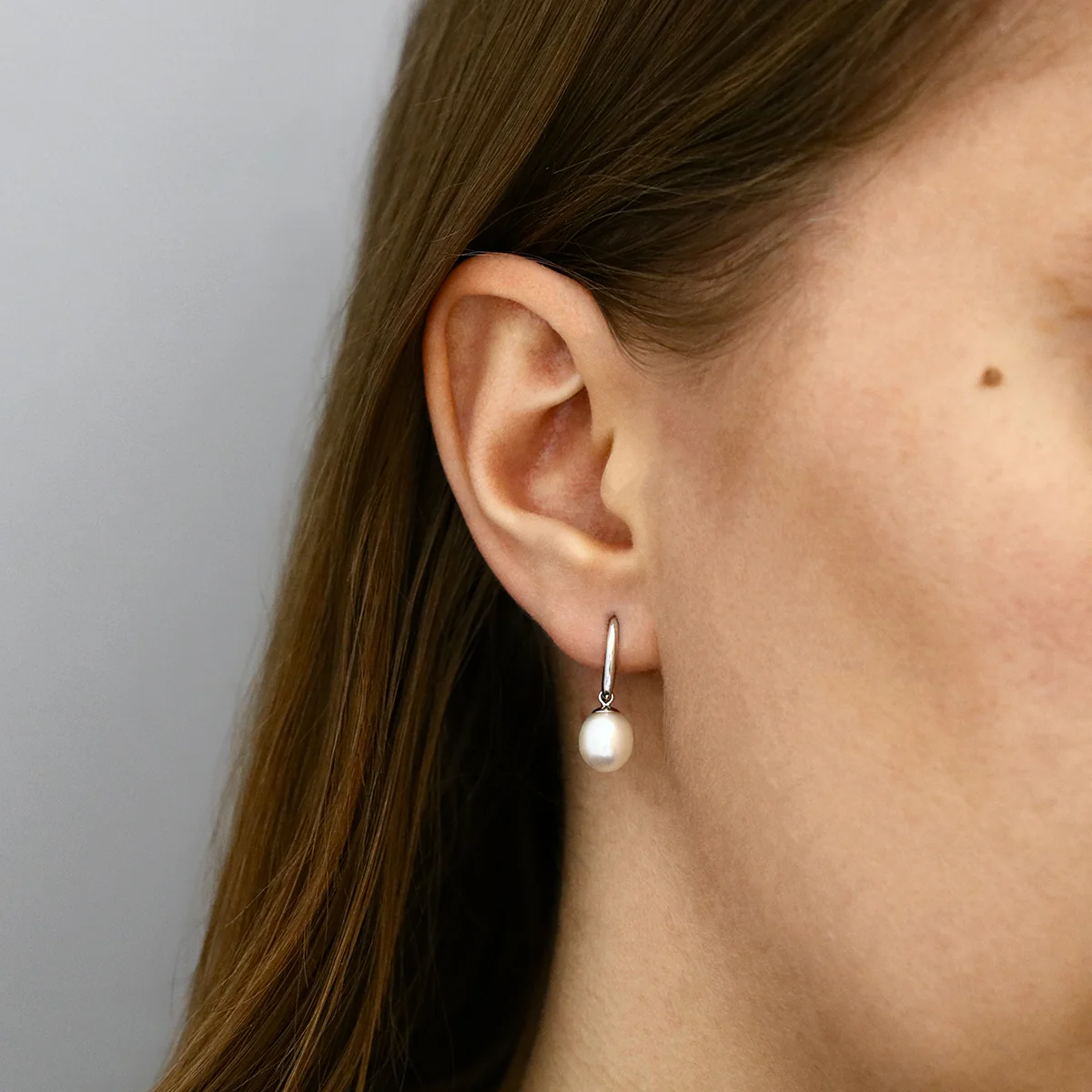 Pearlessence Collection White Cultured River Pearl Drop Earrings With Shepherds Crook Fittings | 9K White Gold - Image 2