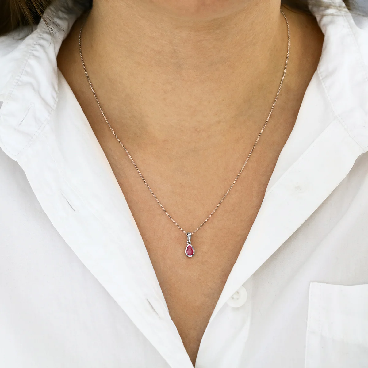 Personalised Birthstone Pear Cut Rubover Necklace | 9K White Gold - Image 13