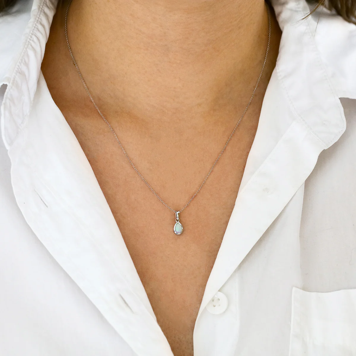 Personalised Birthstone Pear Cut Rubover Necklace | 9K White Gold - Image 14