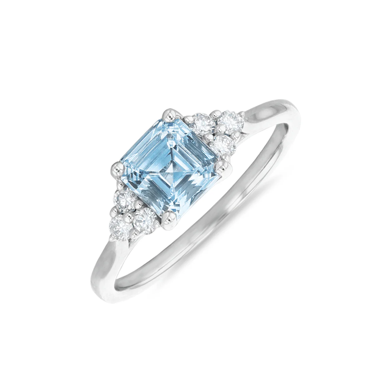 Riviera Collection Aquamarine With Trefoil Diamond Shoulders Ring | 18K White Gold
