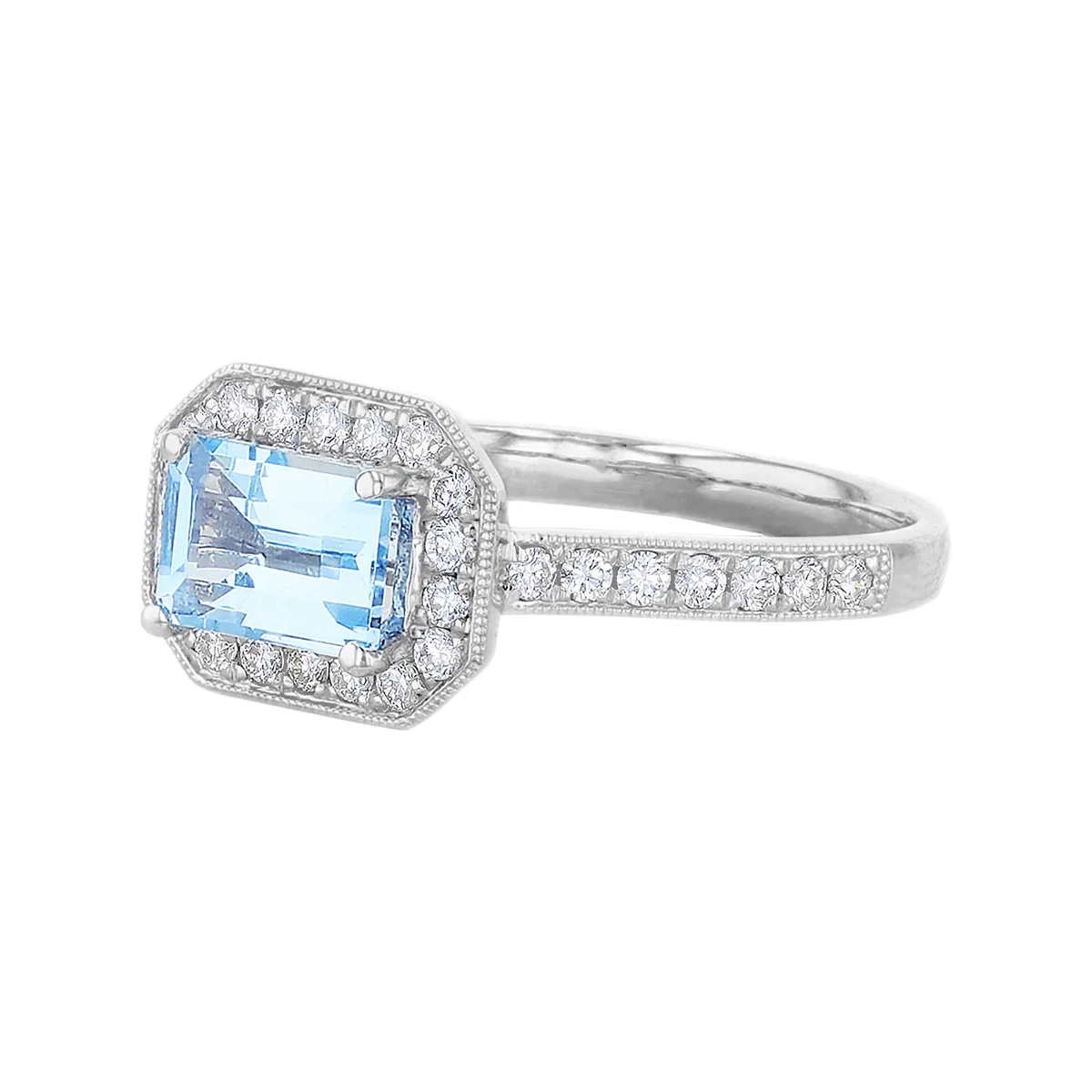 Riviera Collection East-West Aquamarine & Diamond Halo Ring | 18K White Gold - Image 3