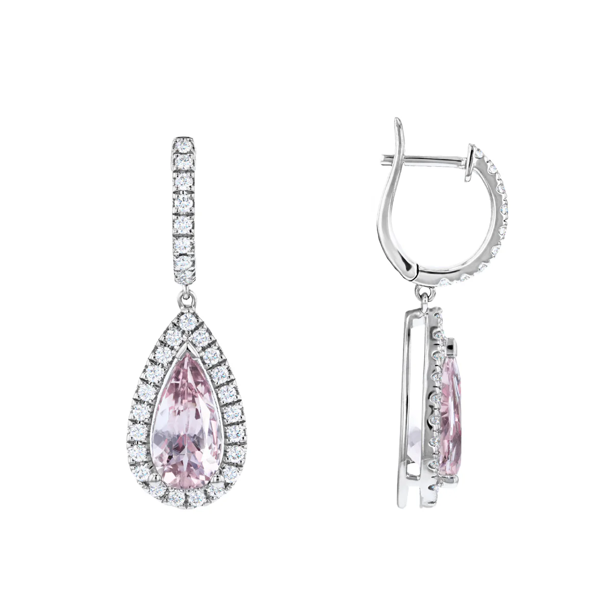 Riviera Collection Morganite & Diamond Halo Drop Earrings | 18K White Gold - Image 3