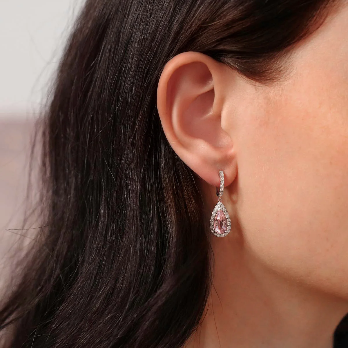 Riviera Collection Morganite & Diamond Halo Drop Earrings | 18K White Gold - Image 6