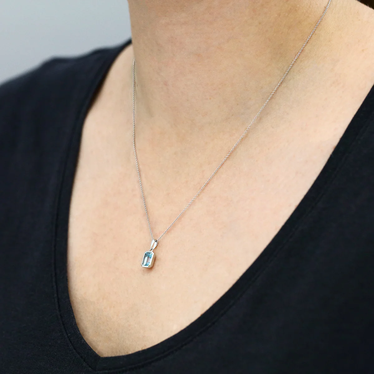 Birthstone Collection 0.76ct Emerald Cut Aquamarine Bezel Set Pendant | 9K White Gold - Image 5
