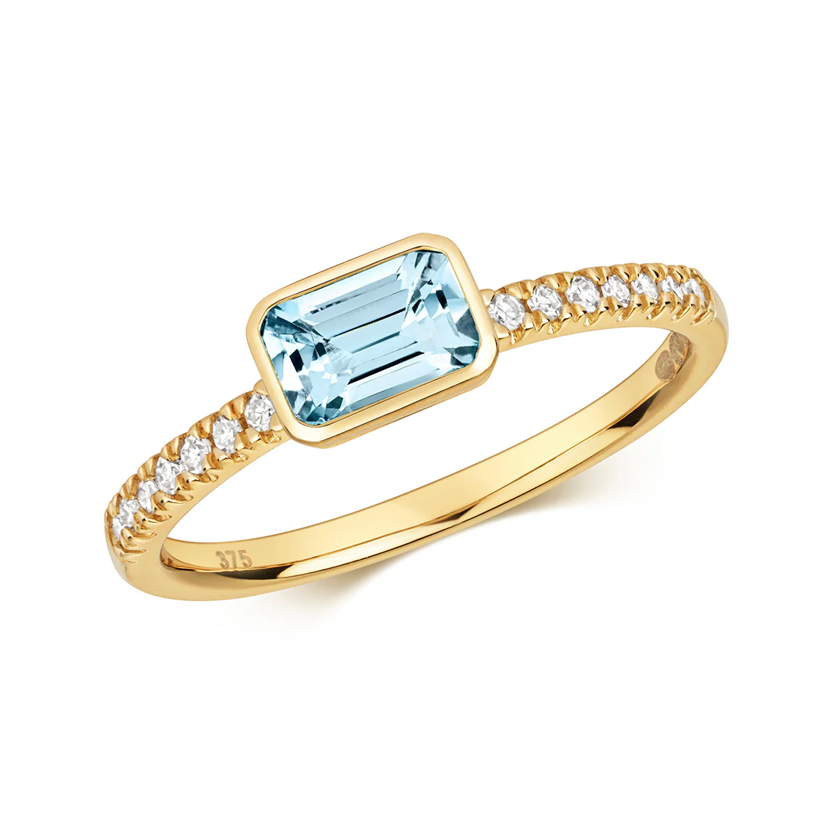 Rosa Mer Collection 0.55ct Emerald Cut Aquamarine & Diamond Bezel Set Ring | 9K Yellow Gold