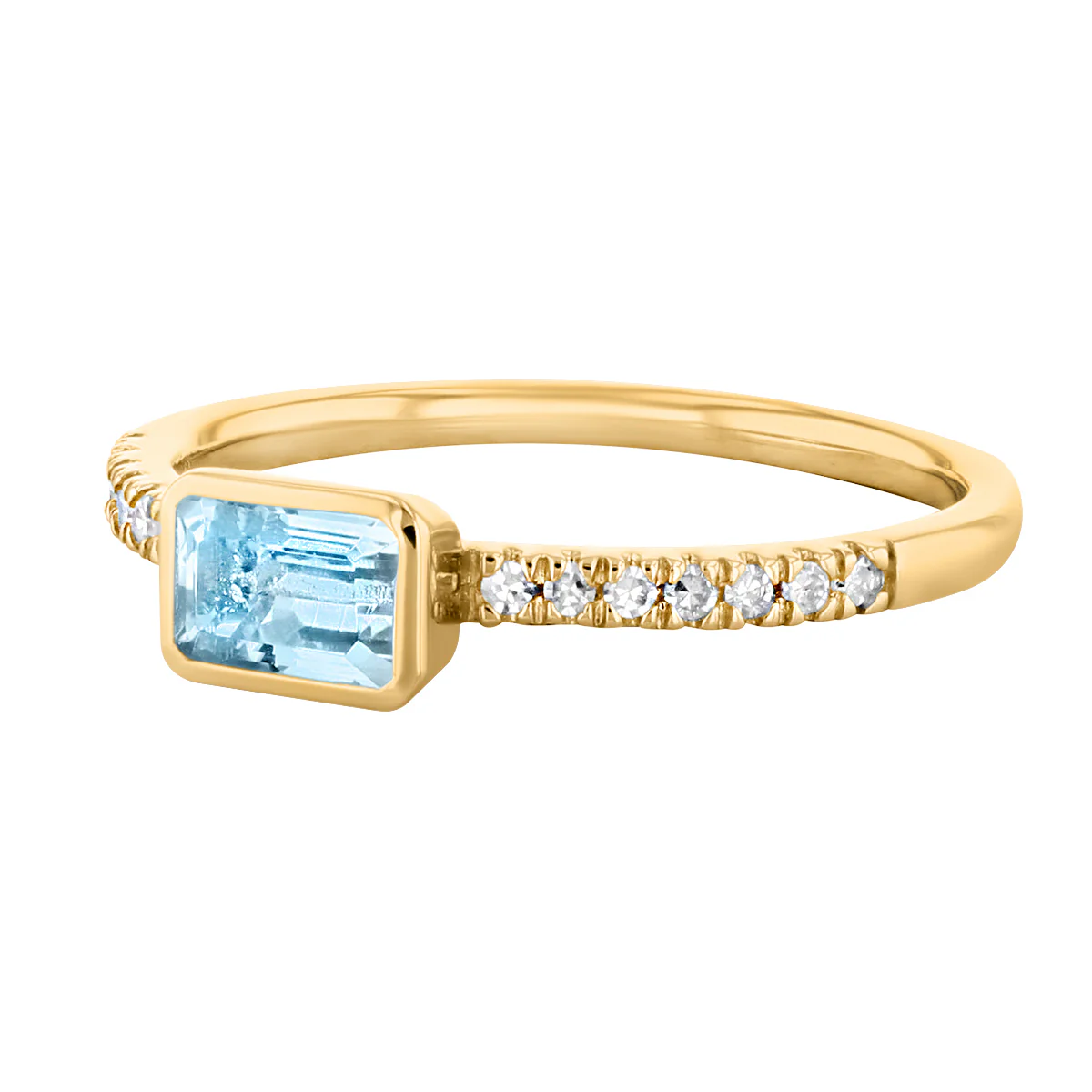 Rosa Mer Collection 0.55ct Emerald Cut Aquamarine & Diamond Bezel Set Ring | 9K Yellow Gold - Image 2