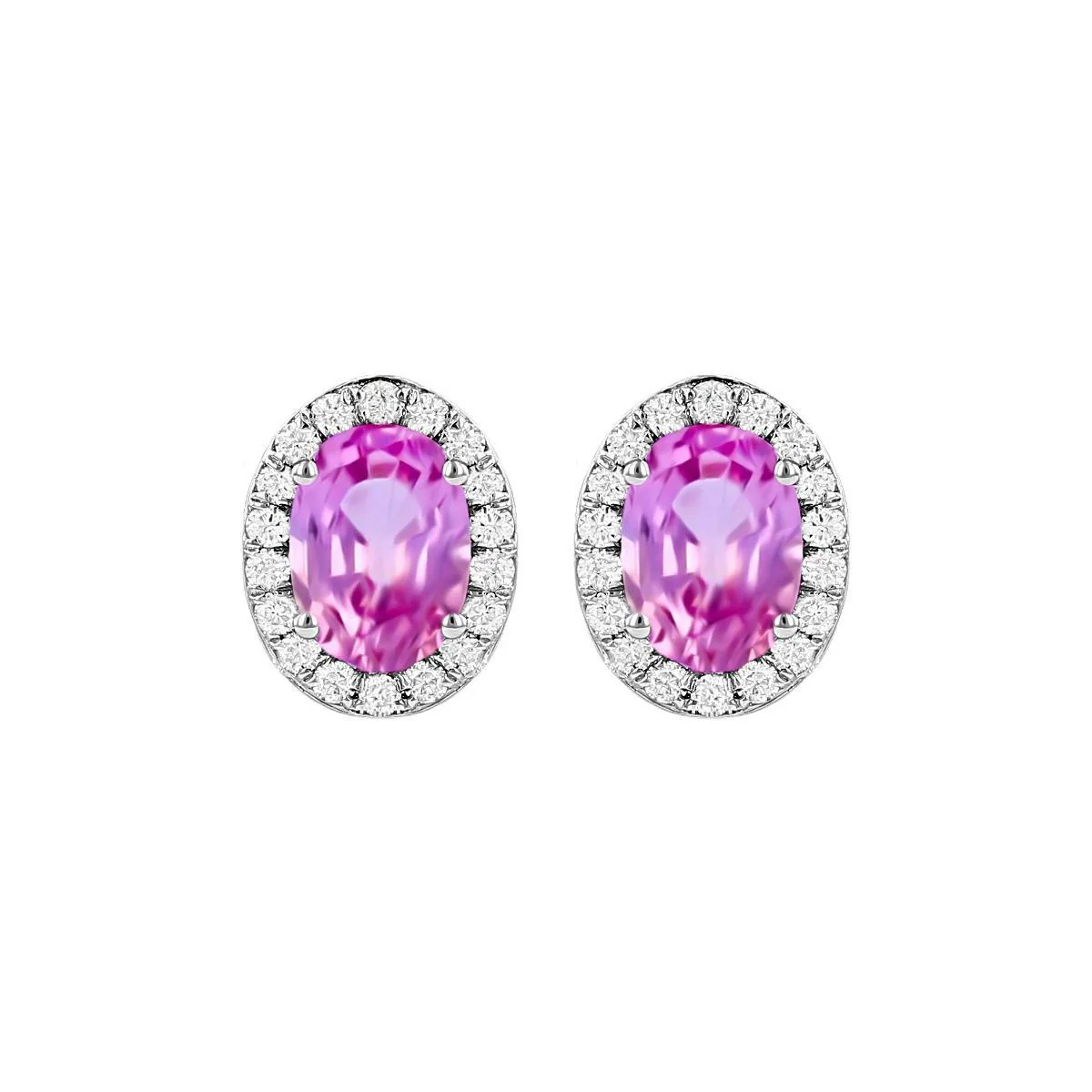Rosa Mer Collection 0.90ct Oval Pink Sapphire & Diamond Halo Earrings | 18K White Gold