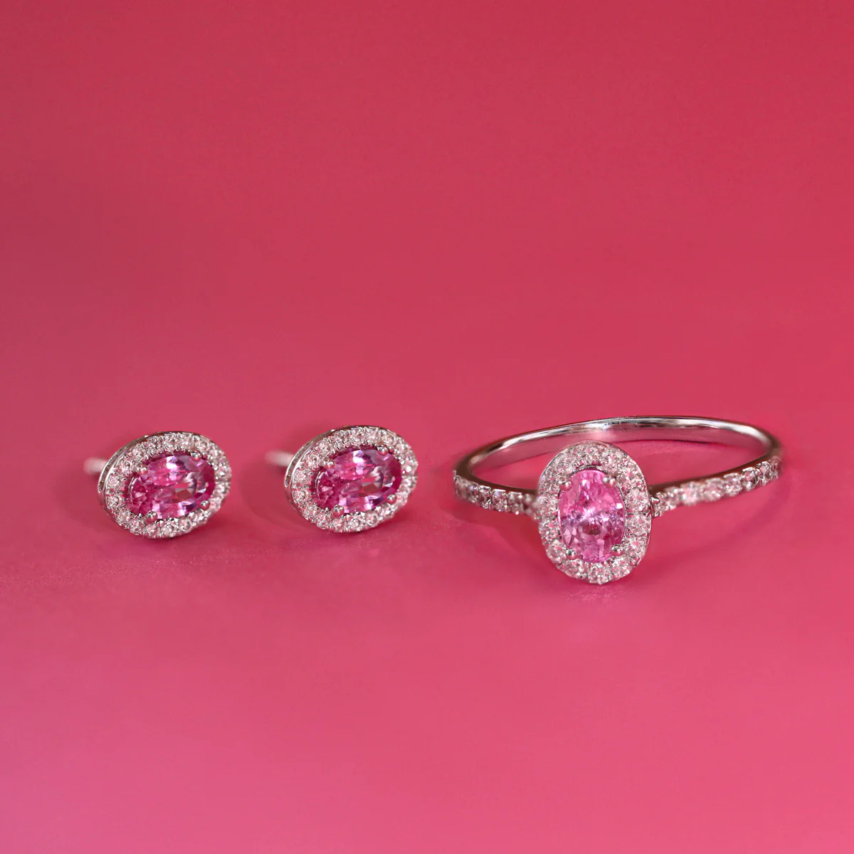 Rosa Mer Collection 0.90ct Oval Pink Sapphire & Diamond Halo Earrings | 18K White Gold - Image 2