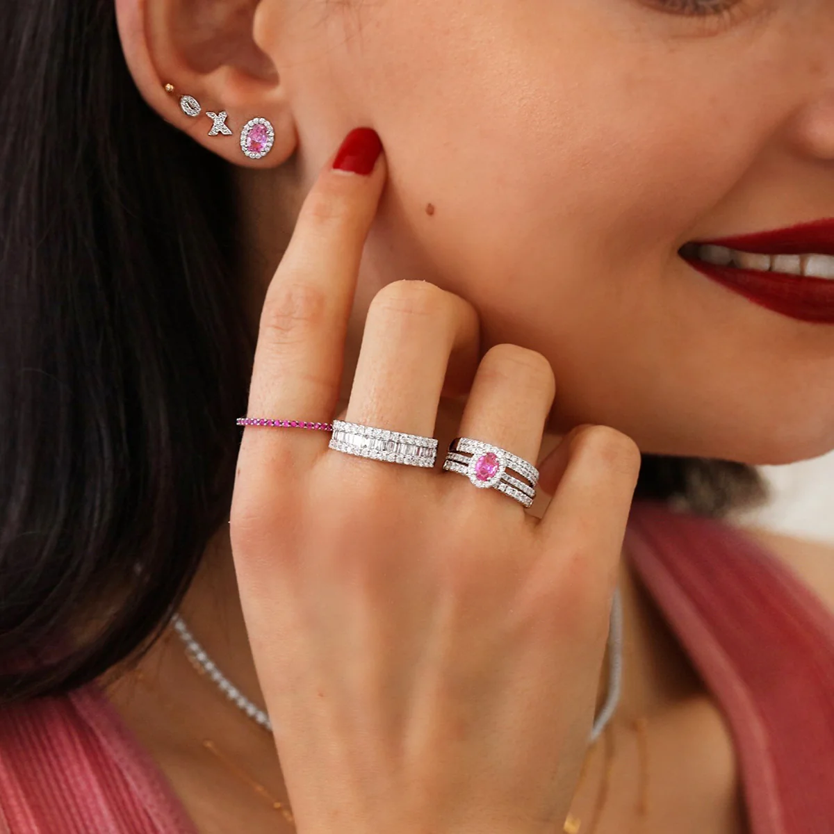 Rosa Mer Collection 0.90ct Oval Pink Sapphire & Diamond Halo Earrings | 18K White Gold - Image 3
