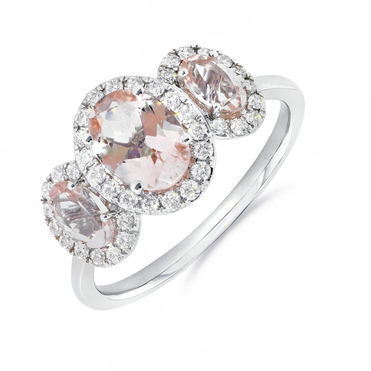 Rosa Mer Collection 1.44ct Morganite & Diamond Halo Trilogy Ring