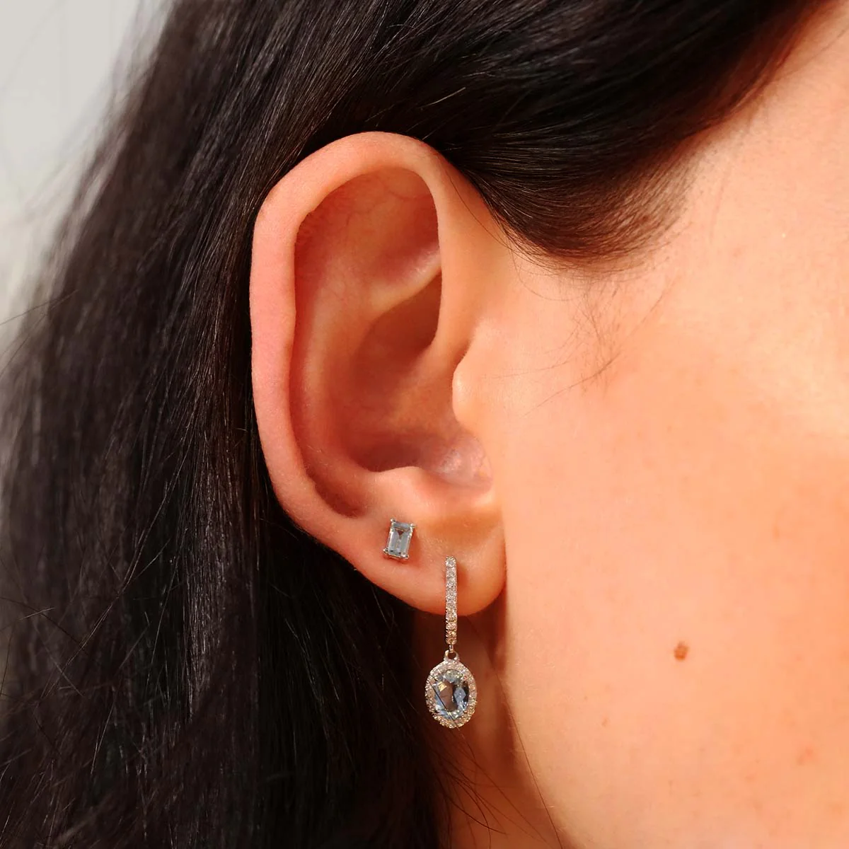 Rosa Mer Collection Aquamarine & Diamond Halo Drop Earrings | 18K White Gold - Image 5
